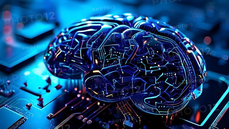 Human brain intricately interlinked with the circuits of a computer board symbolizing artificial intelligence, AI generated