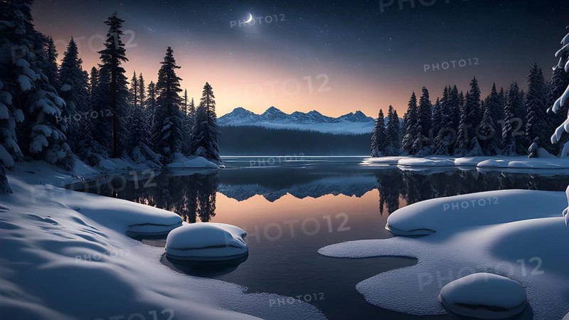 Tranquil winter night scene with a crescent moon and stars shining brightly over a frozen lake, with a line of snow-covered pine trees reflected in the lake, AI generated