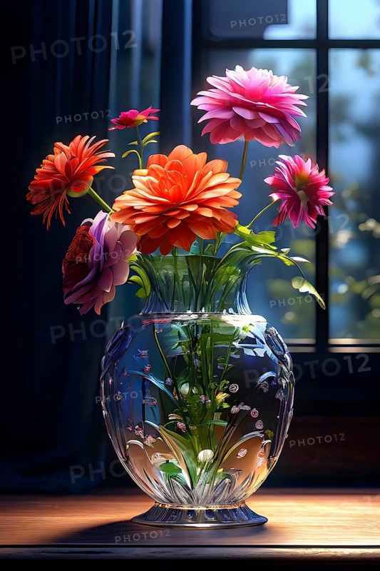 Transparent crystal glass vase with vibrant blooming flowers, AI generated