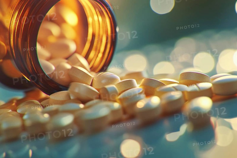 Close up of beige medical pills spilling from glass bottle container. Generative Ai, AI generated