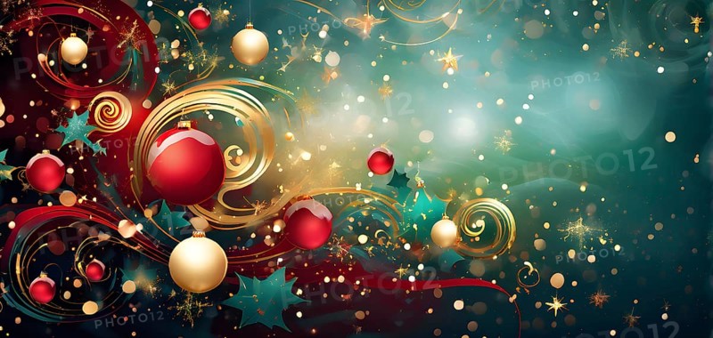 Abstract wallpaper illustration of Christmas symbols for gift cards, swirling shapes and lines, in red green and golden colors, AI generated