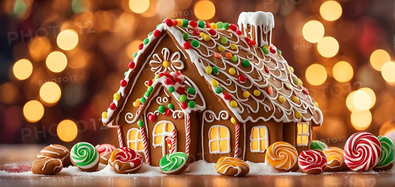 Abstract wallpaper illustration of of gingerbread house decoration, AI generated