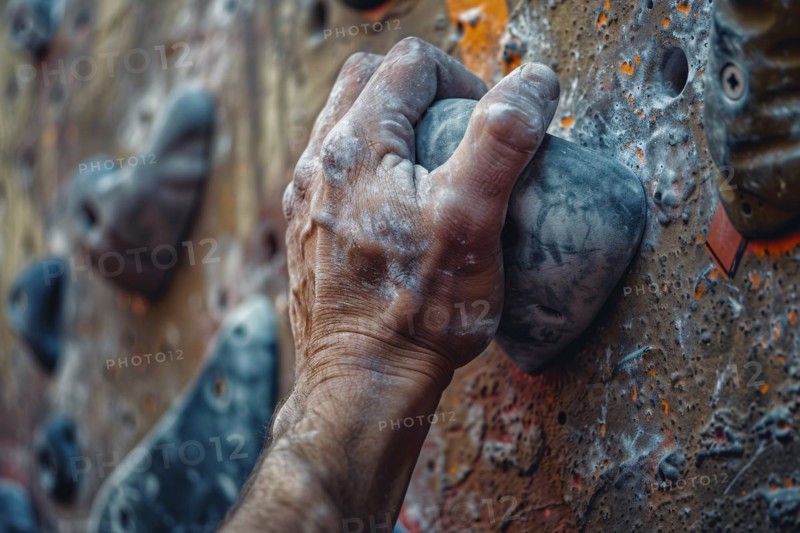 Close up of hand with chalk grabbing grip on artificial rock wall. KI generiert, generiert, AI generated