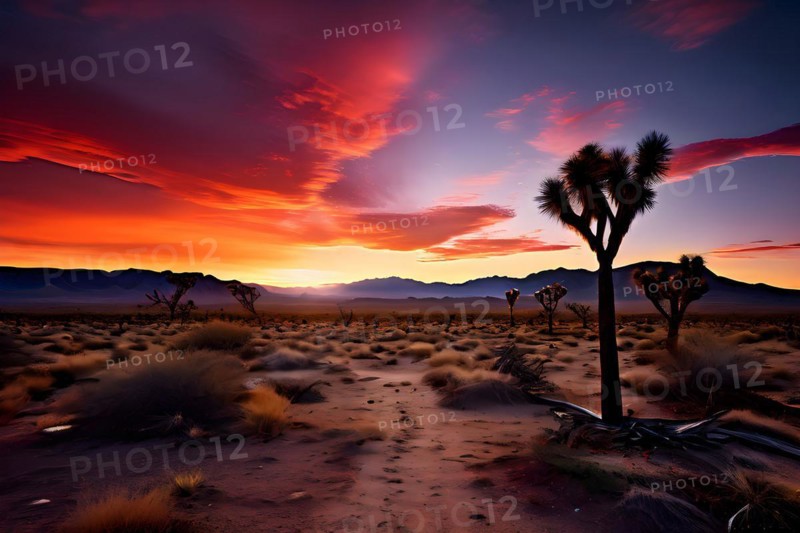 Mojave desert with joshua trees sprinkled in a sunrise, AI generated