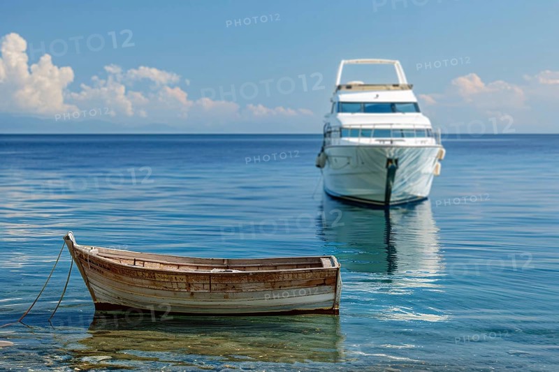 Concept for economic and social inequality showing small poor wooden fishing boat and luxury yacht in background. Generative Ai, AI generated