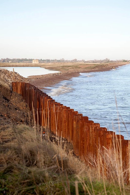 Steel sheet piling constructed as a coastal defence against rapid erosion at East Lane, Bawdsey, Suffolk, England, UK