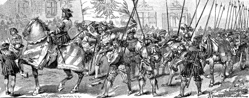The procession of lansquenets at the unveiling of the war memorial in Tölz, Bavaria, Germany, 1887, Historical, digital reproduction of an original from the 19th century, Europe