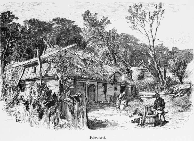 Production of wooden barrels, farm in Juodkrante, Šatnurta, Šatnurte or Schwarzort, Curonian Spit, Curonian Lagoon, Lithuania, idyll, thatched houses, dormer, village, rural, well, work, forest, historical illustration 1880, Europe
