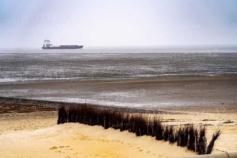 Thick fog in winter, hangs over the mouth of the Elbe into the North Sea, cargo ship enters the Lower Elbe, Cuxhaven, Lower Saxony, Germany, Europe