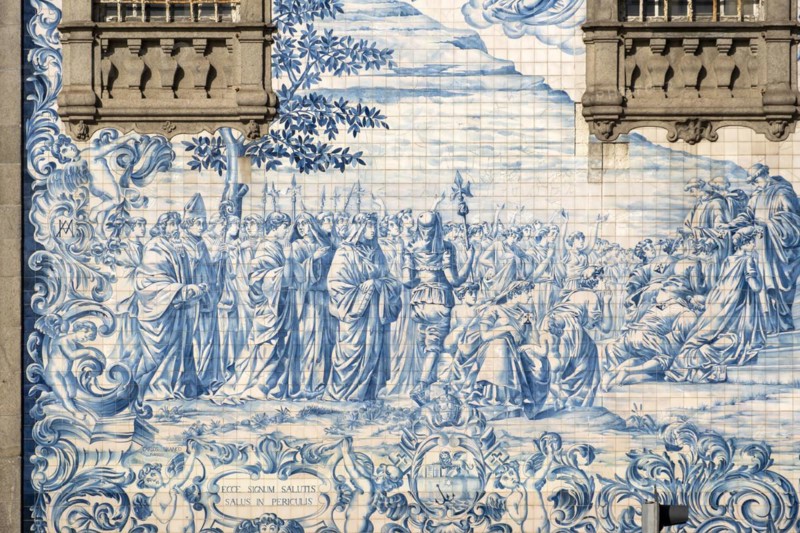 A detailed view of the exquisite blue and white azulejos tiles adorning the walls of Igreja do Carmo Church in Porto, Portugal, Europe