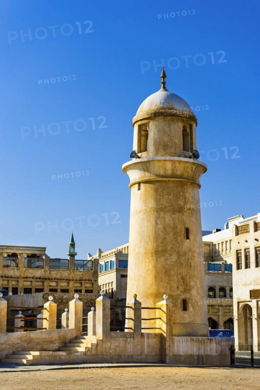 Mosque Minaret in Souq Waqif in Doha, church, tower, steeple, religion, Muslim, Islam, Arabic, world religion, architecture, old, Orient, oriental, travel, culture, cultural history, history, believer, old town, tourism, building, art, building, sacred building, capital, Qatar, Asia