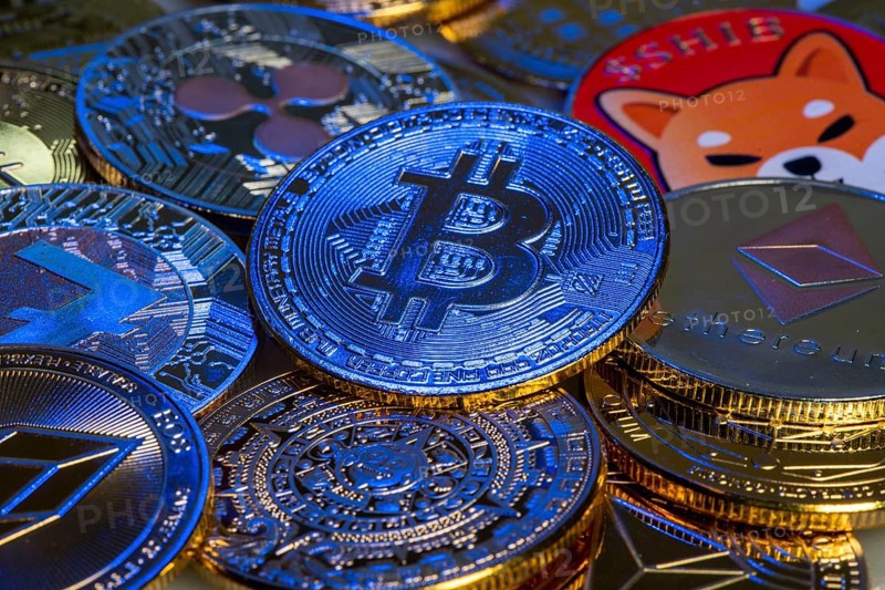 Various cryptocurrencies, symbol coins, optical placeholder for the digital currency, blockchain, Bitcoin, Ripple, Ethereum, Shiba Inu, Eos, Litecoin, Monero, Stellar, Adalevea, Qtum Blockchain, Tron, Maya