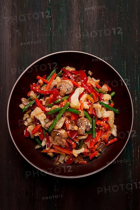 Wok, Asian-style vegetables, street food, mixed vegetables, no people, top view