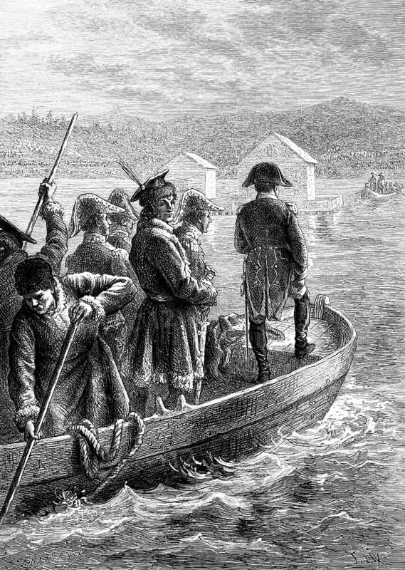 Meeting on the middle of the Memel near Tilsit between King Frederick William III and Napoleon 1807, Sovetsk, Kaliningrad, Peace of Tilsit, rowing boat, soldiers, military, Prussia, historical illustration 1882