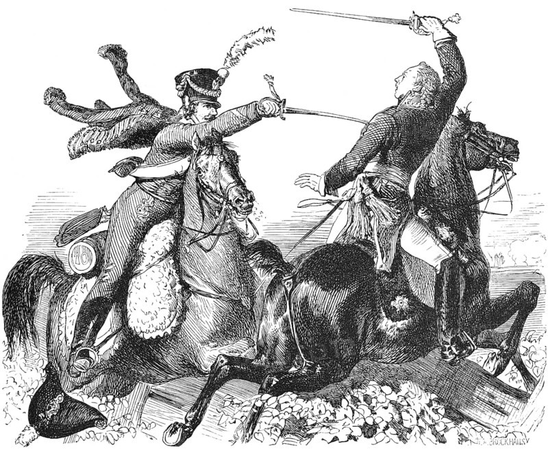 Battle of Saalfeld 1806, Thuringia, death of Prince Louis Ferdinand of Prussia in the Prussian-French war, battle, horses, riders, swords, stabbing, defeat, military, Prussia, historical illustration 1882