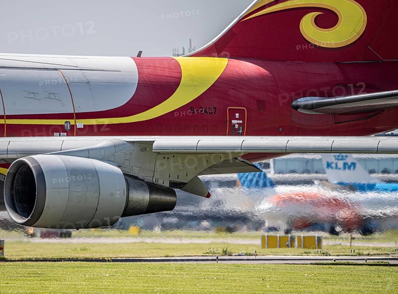 Exhaust jet of one of the 4 engines of a Suparna Airlines Cargo Boeing 747, aircraft at Amsterdam Schiphol Airport, on take-off, Netherlands