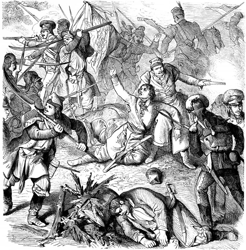 The Polish general Tadeusz Kosciuszko falls in the battle for the division of Poland, Polish national hero, Poland's defeat against Russia and Prussia, famous statement Finis Poloniae, end of 18th century, war, weapons, soldiers, peasants, swords, guns, dead, injured, cruelty, historical illustration 1882