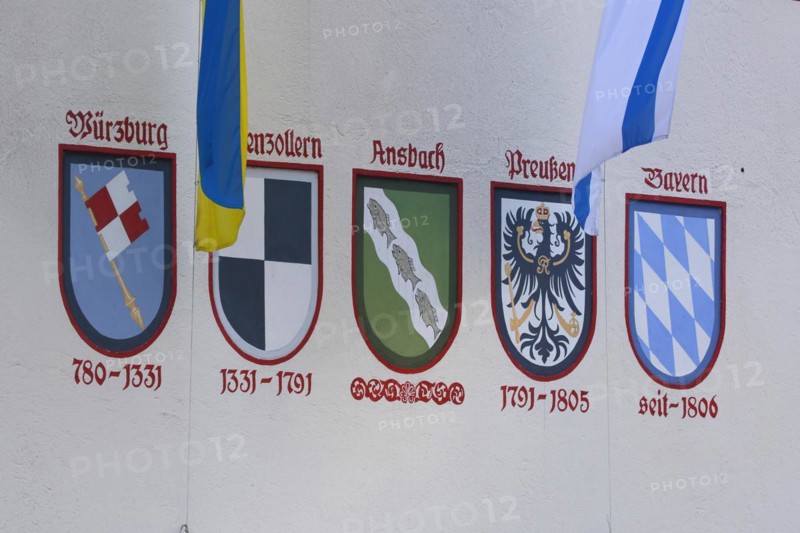 Coat of arms for the city history, city chronicle with Würzburg, Hohenzollern, city coat of arms, Prussia, Bavaria, inscription, flags, town hall, Martin-Luther-Platz, Ansbach, Middle Franconia, Franconia, Bavaria, Germany, Europe