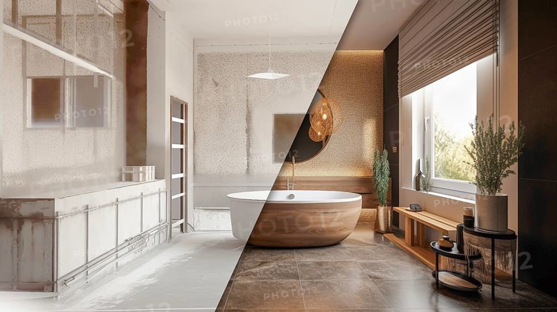 Luxurious custom bathroom upgrade interior before and after construction, generative AI, AI generated