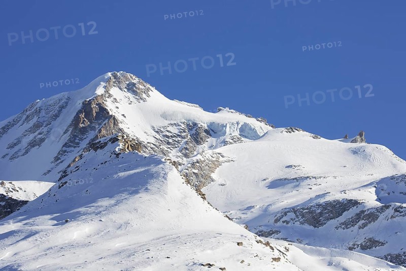 Snow covered mountaintop, pinnacle of the Gran Paradiso mountain in winter in the Gran Paradiso Massif of the Graian Alps, Aosta Valley, Italy, Europe