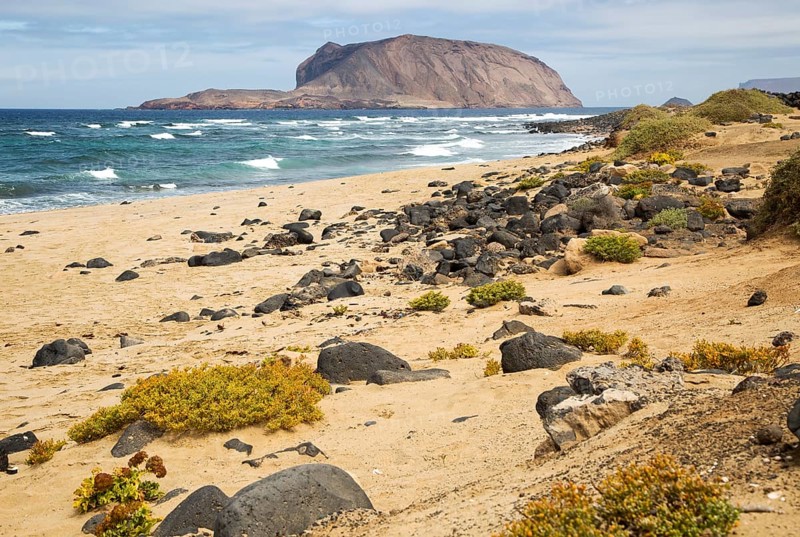 Montana Clara island nature reserve from Graciosa island, Lanzarote, Canary Islands, Spain, Europe