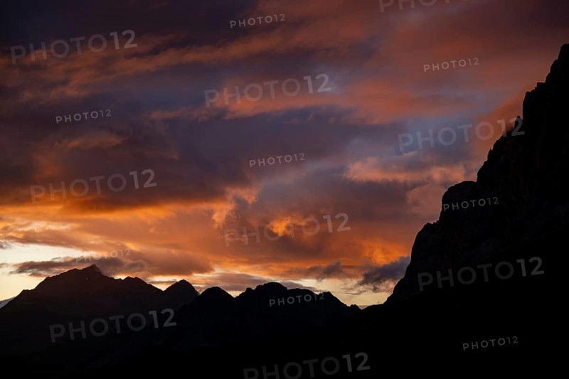 Montafon mountains with dramatic cloudy sky at sunset, Tschagguns, Rätikon, Montafon, Vorarlberg, Austria, Europe
