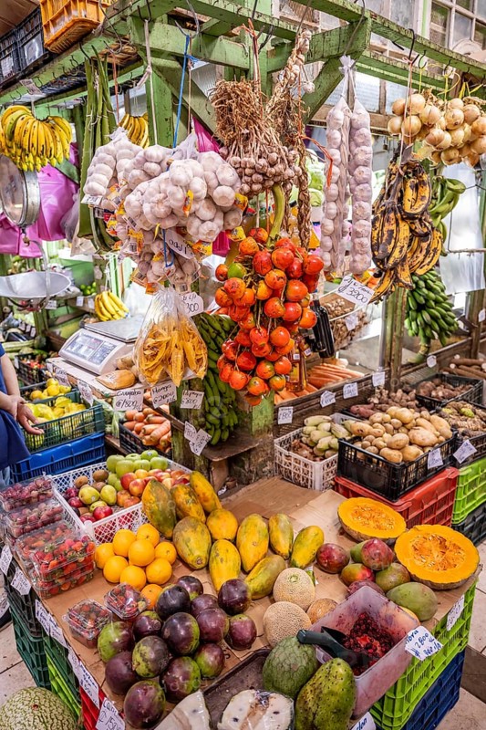 Display of fruit and vegetables at a market stall, Mercado Central de San José, San José, Costa Rica, Central America