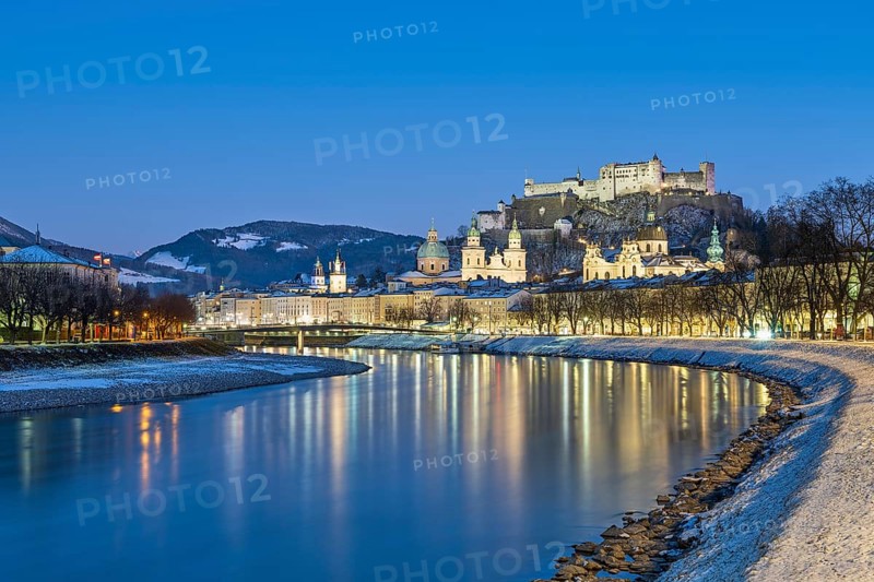 Salzburg in winter at the blue hour, Old Town, Cathedral, Fortress Hohen Salzburg, Salzach, Salzburg, Austria, Europe