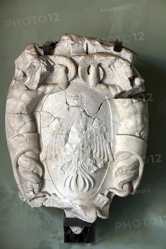 Heraldic coat of arms of the Doria family in the Palazzo di Andrea Doria, Piazza dei Principe, Genoa. Italy