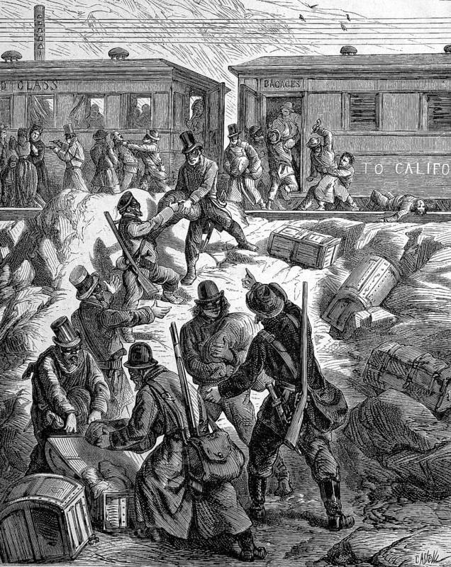 A railway train is attacked by masked robbers, California, USA, Historical, Digitally restored reproduction from a 19th century original, c. 1890, Record date not stated, North America