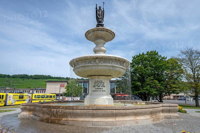 Figure of St Kilian on the Kilian Fountain, 1895 a gift from Prince Regent Luitpold, station forecourt, Würzburg, Lower Franconia, Bavaria, Germany, Europe