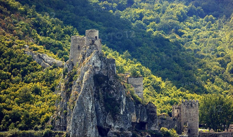 View of the castle on the Danube on the Serbian side opposite Coronini, Danube landscape, Iron Tor Tor nature park Park, Romania, Europe
