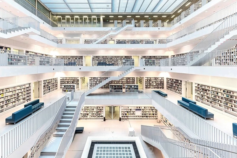 Stuttgart City Library at Mailänder Platz. Interior view. Stuttgart, Baden-Württemberg, Germany, Europe