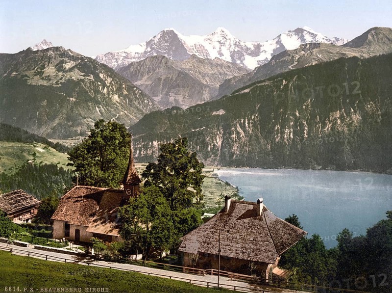 Beatenburg, Beatenberg, the church, Bernese Oberland, Switzerland, Historic, digitally restored reproduction from a 19th century original, Record date not stated, the church, Bernese Oberland, Switzerland, Historic, digitally restored reproduction from a 19th century original, Record date not stated, Europe