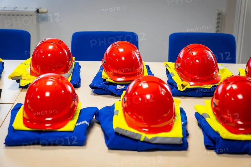 EOccupational safety equipment for a factory tour at Ecobat Resources Freiberg, Freiberg, Saxony, Germany, Europe