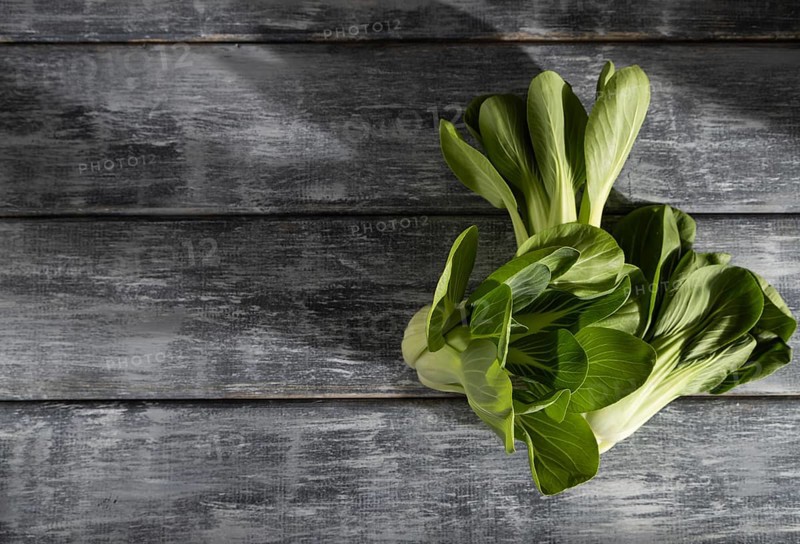 Fresh green bok choy or pac choi chinese cabbage on a gray wooden background. Hard light, contrast. Top view, copy space, flat lay