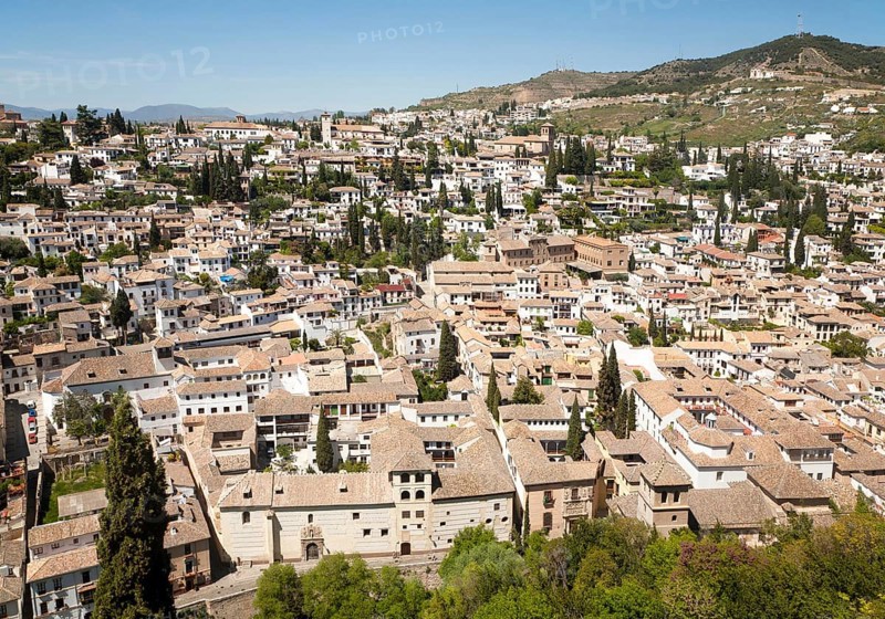 View of historic Moorish buildings in the Albaicin district of Granada, Spain seen from the Alhambra