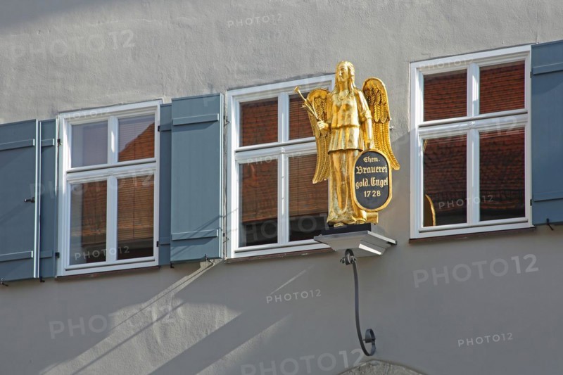 House wall with three windows and nose sign of the brewery Goldener Engel Gasthof, sculpture, golden, angel, sign, inscription, Dinkelsbühl, Middle Franconia, Franconia, Bavaria, Germany, Europe
