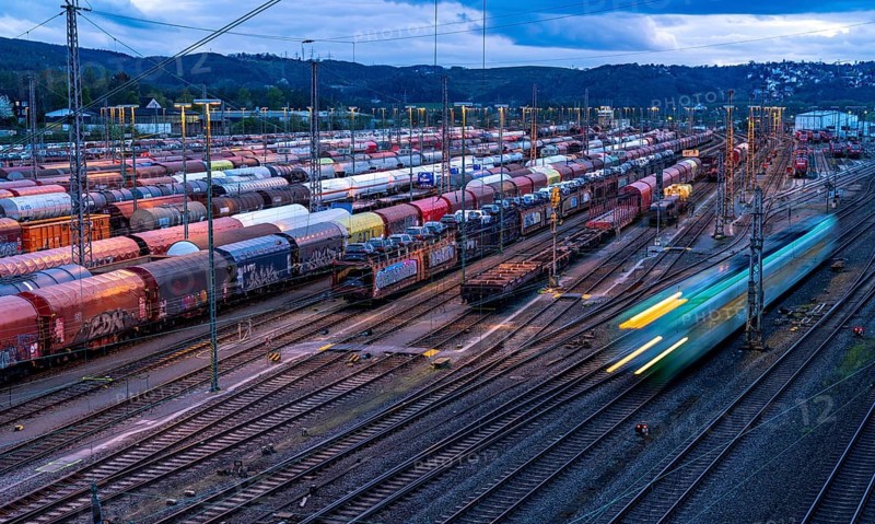 The Hagen-Vorhalle marshalling yard, one of the 9 largest in Germany, is located on the Wuppertal-Dortmund railway line and has 40 directional tracks on which goods trains are assembled, in the evening, North Rhine-Westphalia, Germany, Europe