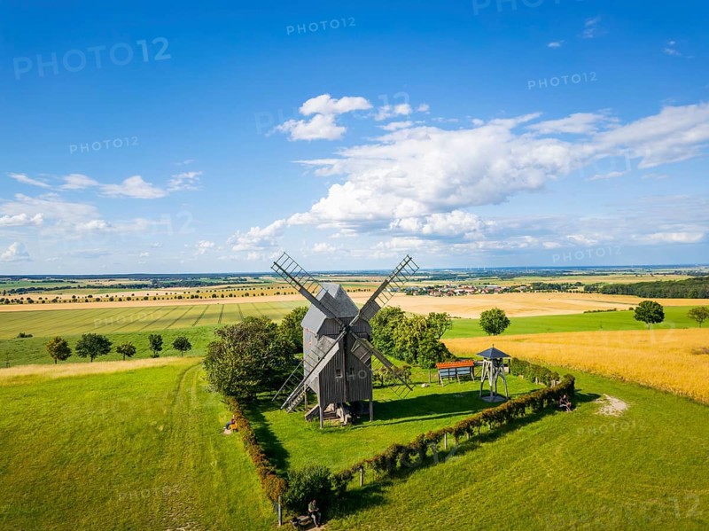 The Liebschützberg is a mountain range near Oschatz in the district of North Saxony, on which a historic trestle windmill stands. The municipality of Liebschützberg takes its name from this mountain. The ecumenical pilgrimage route leads over the ridge. Liebschützberg trestle windmill. A wooden building dating back to 1828, Liebschützberg, Liebschütz, Saxony, Germany, Europe