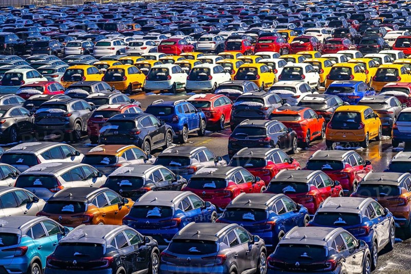 Car terminal in the Logport I inland port, in Duisburg on the Rhine, vehicle handling of new cars, storage area, North Rhine-Westphalia, Germany, Europe