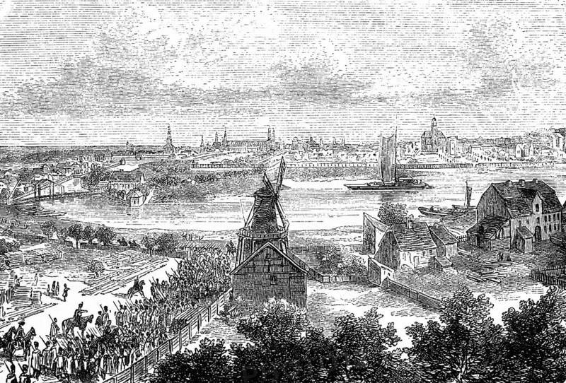 View of Berlin in the 18th century, rural surroundings, river, barge, bridge, windmill, churches, buildings, from above, soldiers marching, Prussia, Germany, historical illustration 1882, Europe