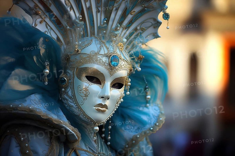 A person adorned in an elaborate and elegant costume, capturing the essence of the Venice Carnival amidst a scenic backdrop, AI generated