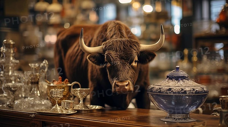 Very large bull with horns in a China shop filled with glassware. generative AI, AI generated