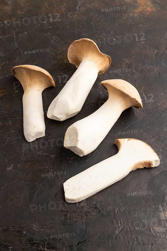 King Oyster mushrooms or Eringi (Pleurotus eryngii) on black concrete background. Side view