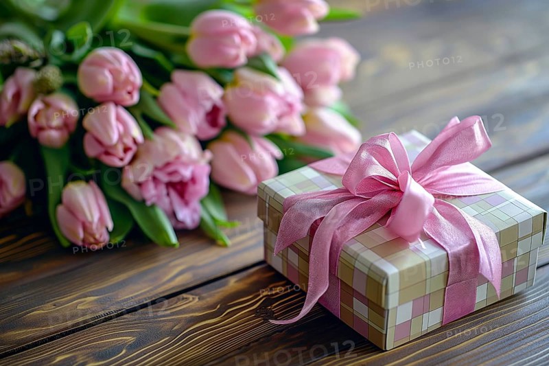 Gift Box with Pink Ribbon Beside bouquet of Fresh Tulips. Background for Valentine day, March 8, mother day, spring holidays, birthday, AI generated