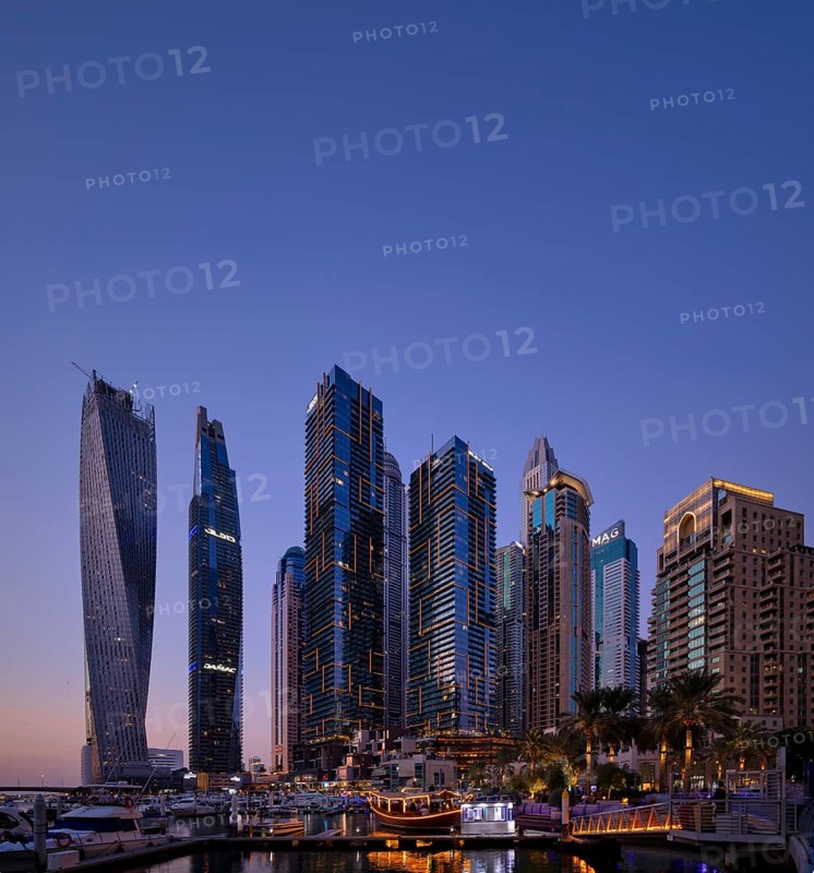 Marina, Skyline, Cayan Tower, DAMAC Heights, Logo, Dubai Marina, twilight, blue hour, Dubai, United Arab Emirates, VAR, Asia