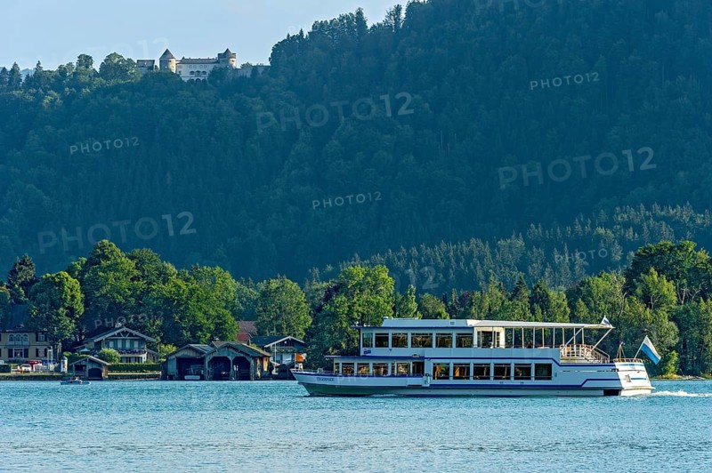 Passenger ship Tegernsee on the Tegernsee, boat trip, above Ringberg Castle, heritage-protected monument, Tegernsee Mountains, Mangfall Mountains, Bavarian Prealps, Alps, Upper Bavaria, Bavaria, Germany, Europe