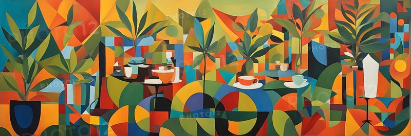 Abstract composition of a cannabis cafe with ambiance bold contrasting colors and playful shapes, AI generated