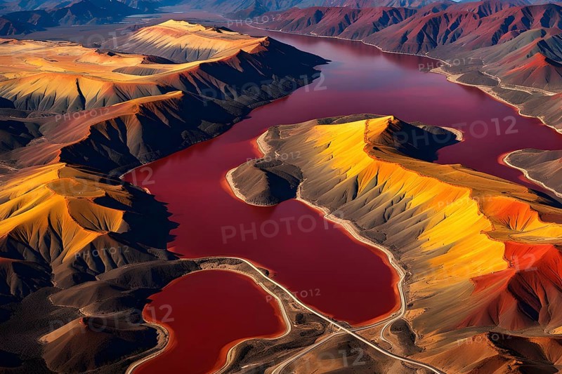 Aerial view perpendicular top down of an abstract colorful river along the coastline, AI generated